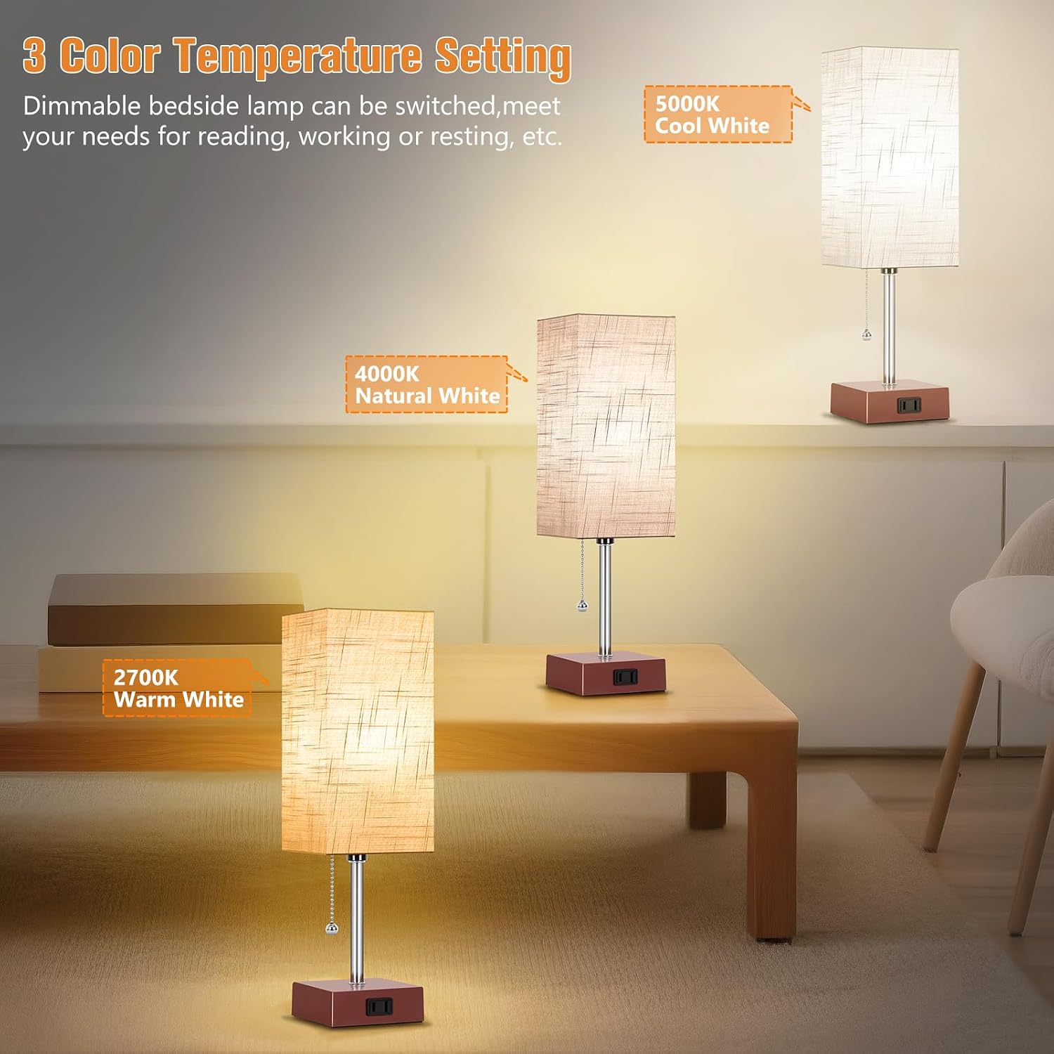 PLMMY Bedside Table Lamp for Bedroom Nightstand, 3 Color Pull Chain Nightstand Lamps Set of 2 with AC Outlets, Square Gray Lampshade…