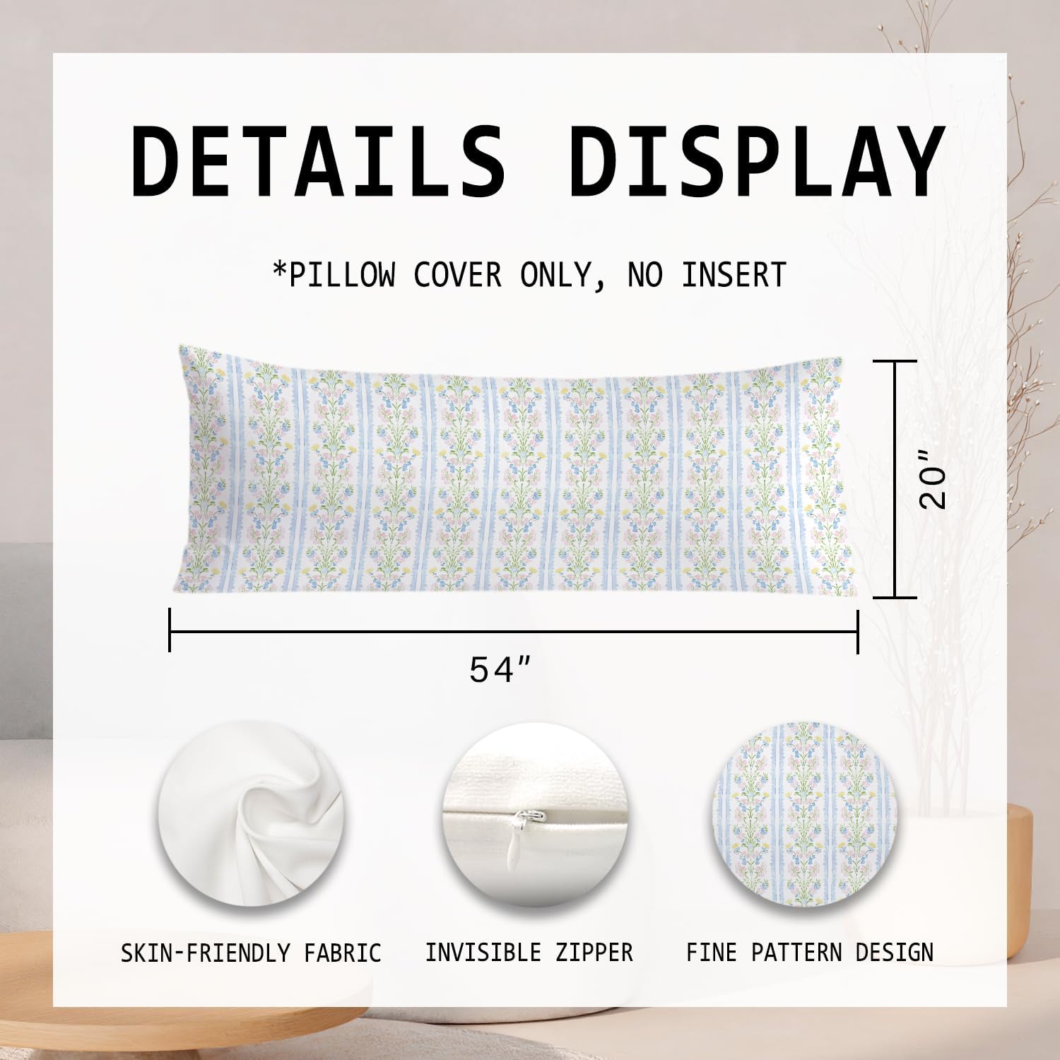 Coquette Preppy Floral 20x54 Body Pillow Cover, Girly Room Decor Aesthetic, Coquette Room Decor, Pastel Flower Grandmillenial Decorative…