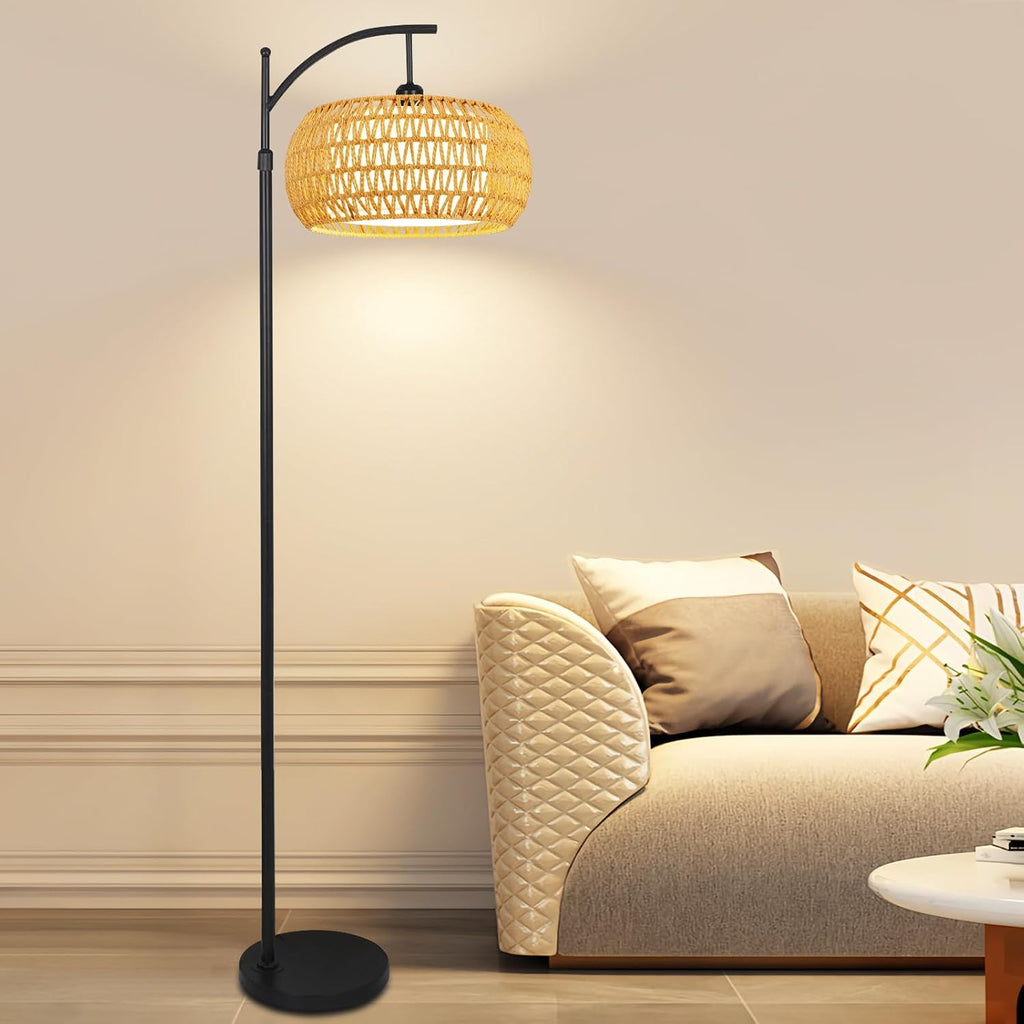 Arc Floor Lamps for Living Room Rattan Boho Floor Lamp with Remote Control, Dimmable LED Floor Lamp Wicker Lamp Shades Black Standing Lamp…