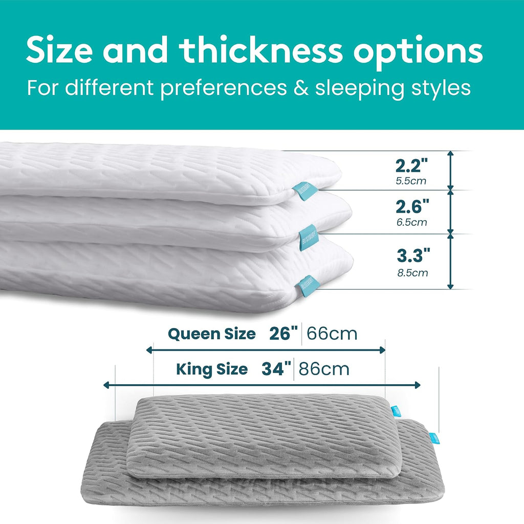 BLISSBURY Cooling Memory Foam Pillow, 2.6 Inch Thin, for Stomach & Back Sleeper, Queen Size, Removable Cool-Tech Cover, CertiPUR-US…