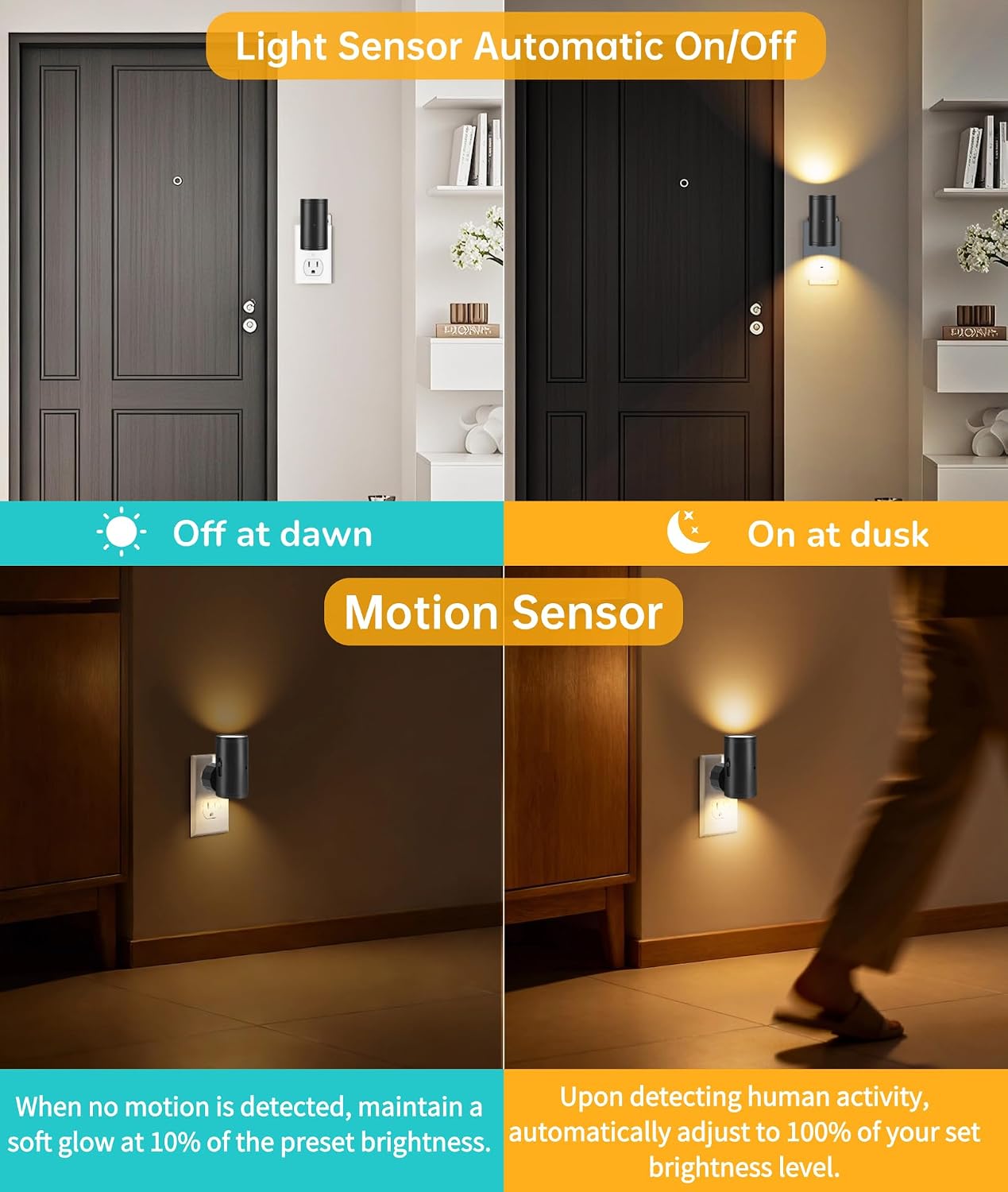 TSEXES Plug-in LED Night Lights with Motion Sensor, 0-300LM Adjustable Brightness, Nightlight Plug into Wall for Bathroom, Hallway…