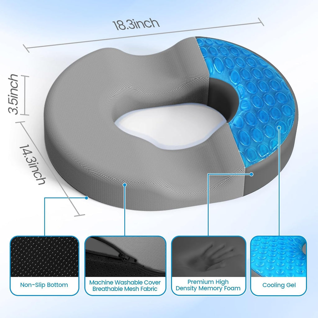 CushZone Donut Pillow Seat Cushion - Cooling Gel Donut Chair Cushions, Memory Foam Seat Cushion for Office & Home, Car Seat Cushion and But…