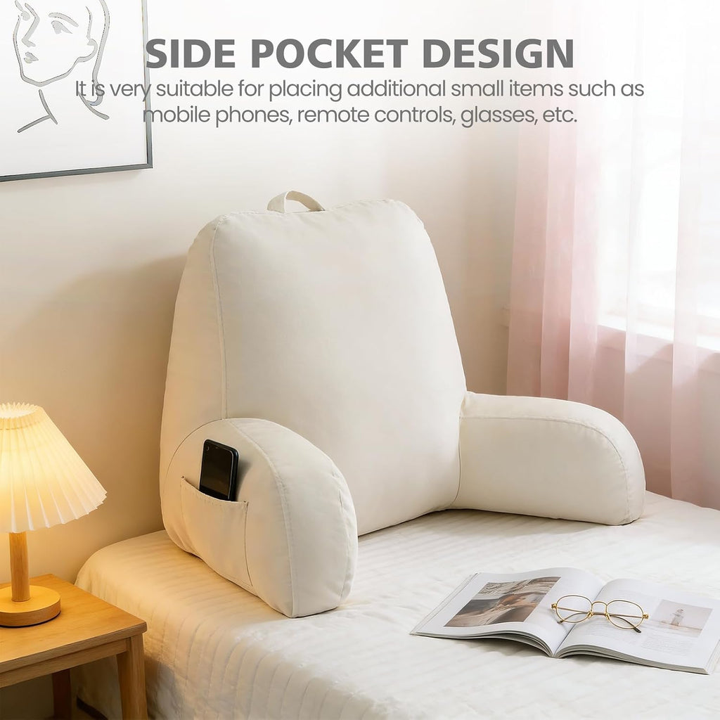 Reading Pillow with Adjustable Memory Foam, Adult Backrest with Arms, Back Pillow for Sitting in Bed with Washable Cover- Large, Beige