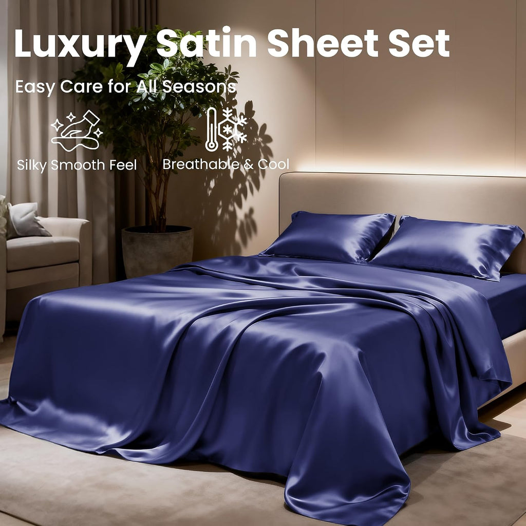 Lovescabin Love's cabin California King Satin Sheet Sets - 4 Piece Navy Blue Silky Sheets Bed Set with Deep Pocket, Luxury Silk Feel Satin…