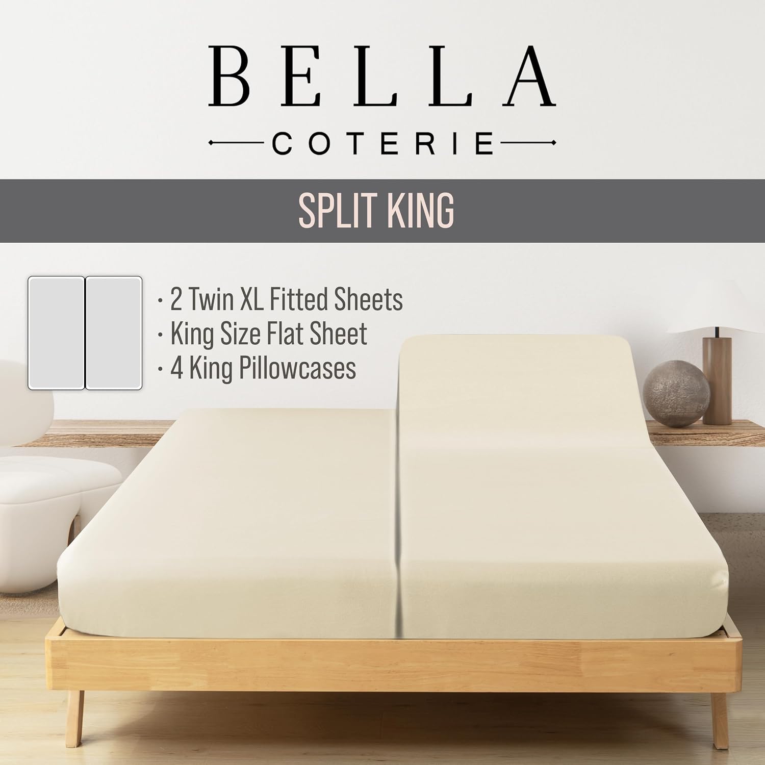 Bella Coterie 7 Piece Luxury Bamboo Viscose Split King Size Sheet Set | 2 Fitted Sheets for Adjustable Beds | 100% Organically Grown |…