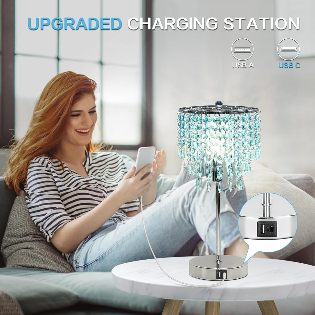 Touch Control Crystal Table Lamp, Dual USB Bedside Lamps for Bedroom, 3-Way Dimmable Nightstand Lamp with Elegant Teal Shade for Living…