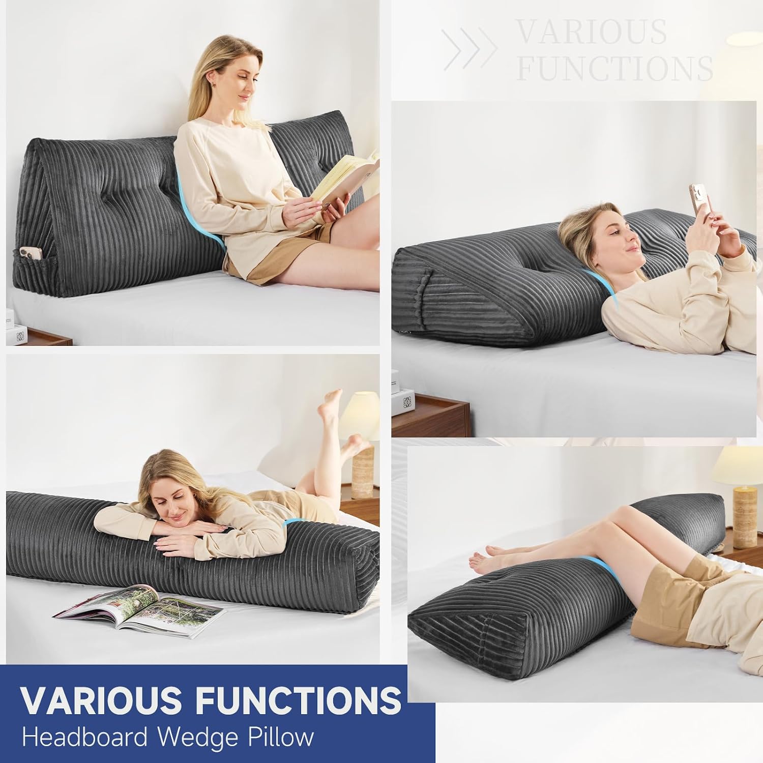 Z-Hom Large Headboard Pillow Twin, NO ROLL Pillow, Wedge Pillow Headboard for Sitting Up in Bed, Backrest Support Triangular Cushion for Re…