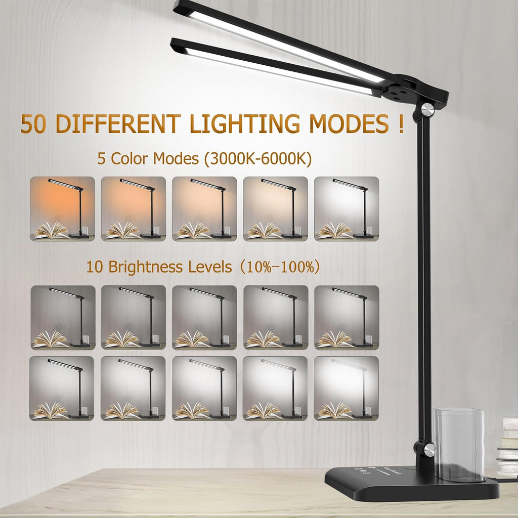 Dimmable LED Desk Lamp with USB Charging Port, 50 Lighting Modes Dual Swing Arm Architect Table Lamp Light Desk Lamp for Home Office Dorm…