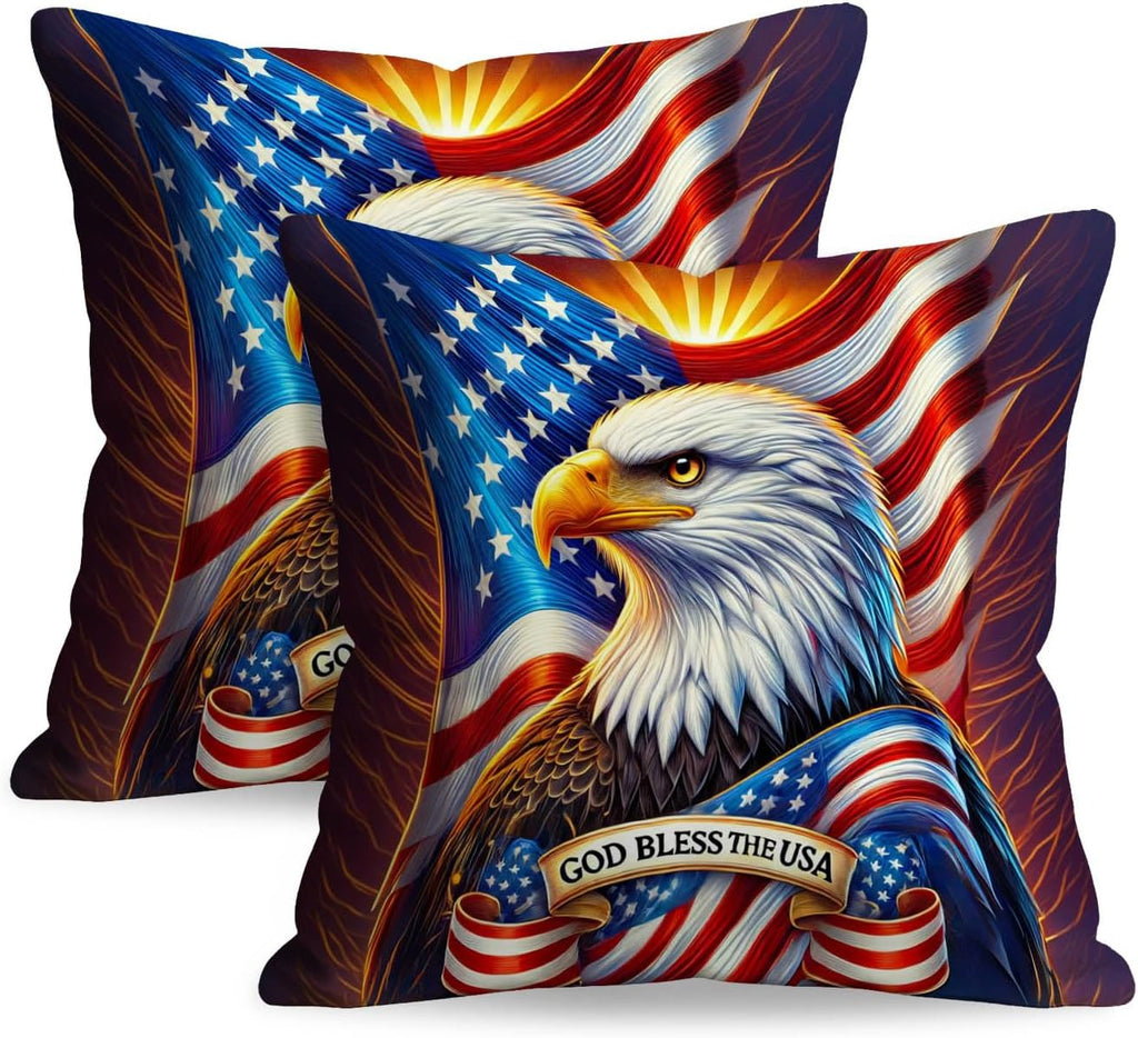 BlissYard Patriotic Eagle Pillow Covers 18x18 Set of 2 American Flag Throw Pillow Covers 4th of July Patriotic Pillow Covers Satin…