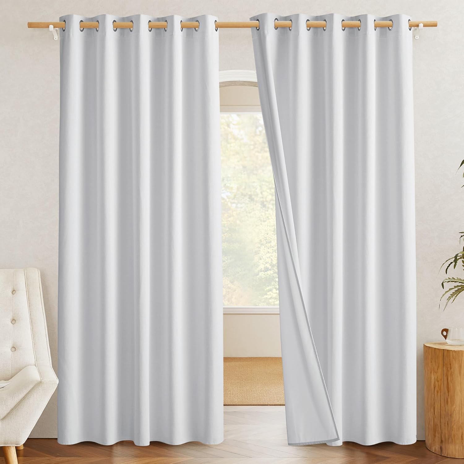 NICETOWN 100% Absolutely Blackout Linen Curtains with Thermal Insulated White Liner, White, 62" Wide, 2 Pieces, Privacy Vertical Window…