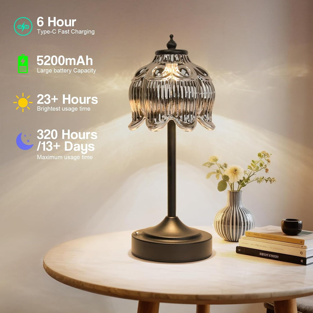 Cordless Lotus Flower Table Lamp, 5200mAh Rechargeable Battery Operated Portable Lamp, 3-Color Dimmable Touch Control Small Desk Lamp for…