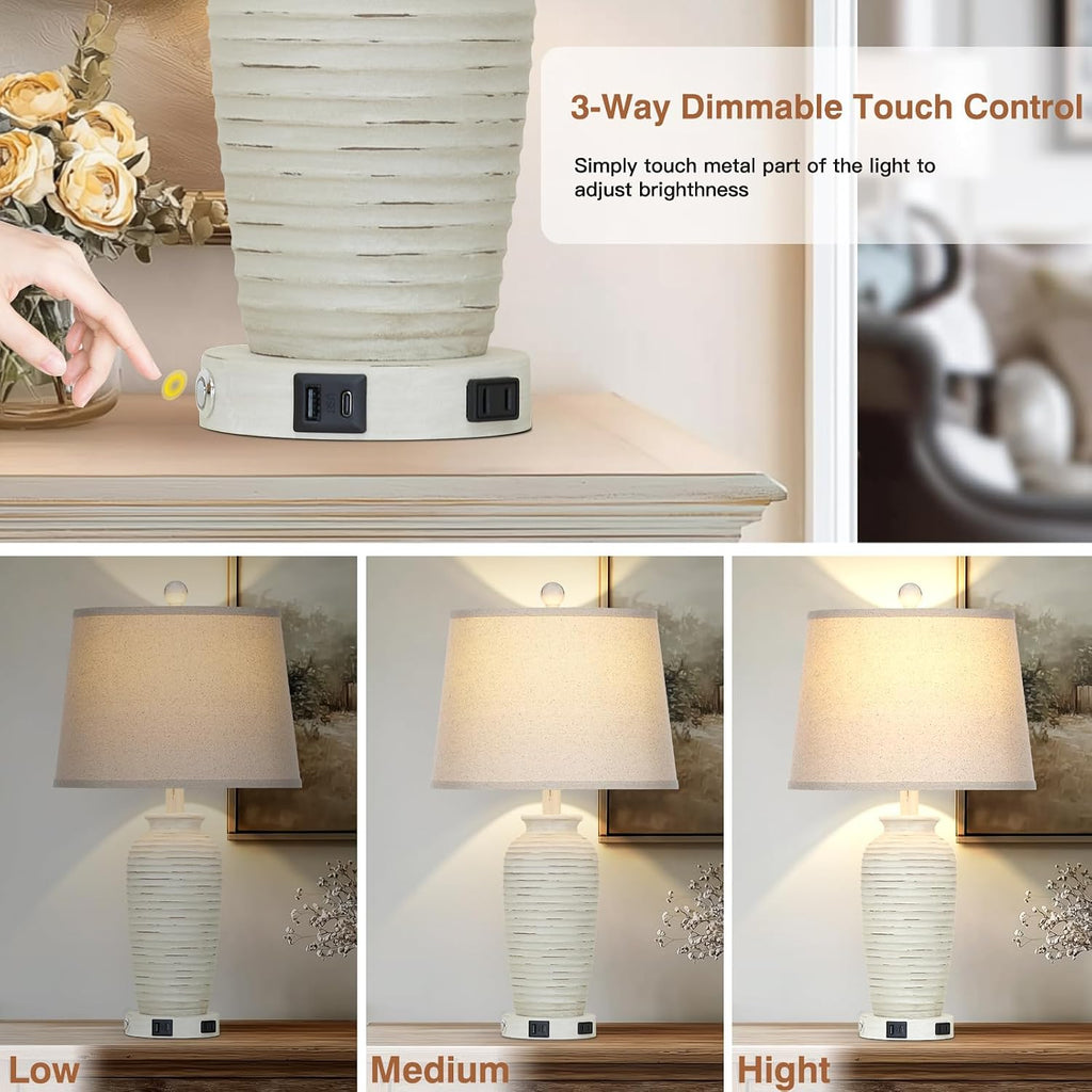 CINSARY 25" Retro White Farmhouse Jar Table Lamps Set of 2, 3 Way Touch Control Rustic Bedside Lamps with USB A+C Ports & AC Outlet, Pot…