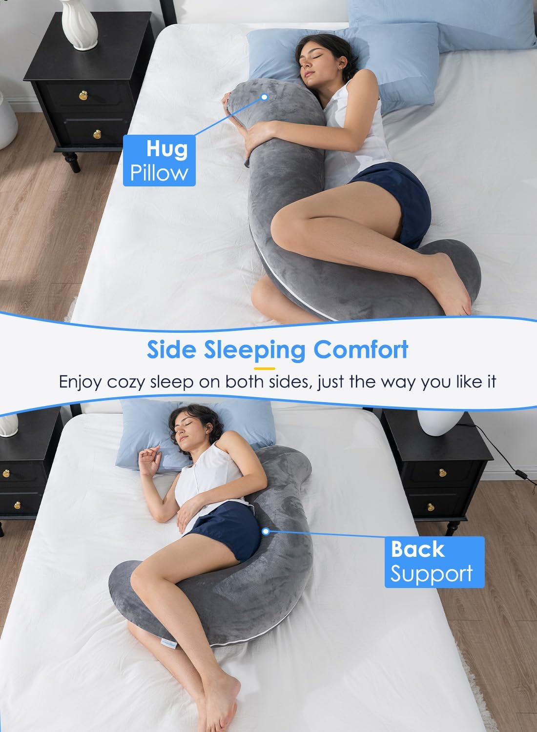 Queenrose QUEEN ROSE Body Pillow for Side Sleepers, Soft Comfort S Shaped Hug Pillow for Adults, Full Body Support, Velvet Grey Grey