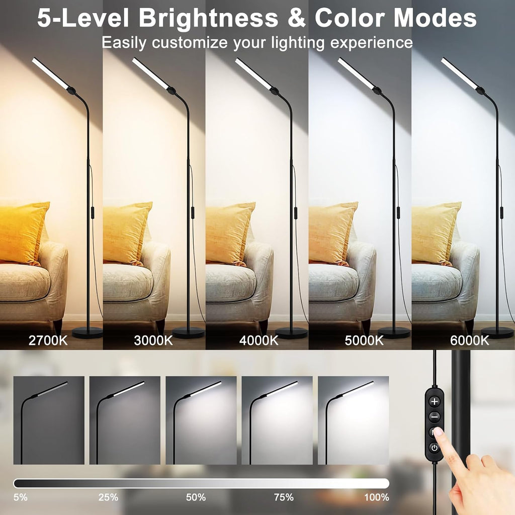 LED Floor Lamp, 18W/2000LM Bright Reading Floor Lamp for Office with Double Head, Adjustable Gooseneck Dimmable Modern Standing Light for…