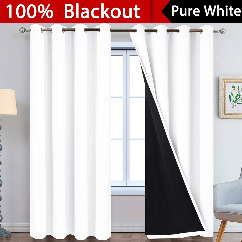Yakamok Pure White 100% Blackout Curtains, 2 Thick Layers Completely Blackout Curtains Thermal Insulated Noise Reducing Drapes for Bedroom(…