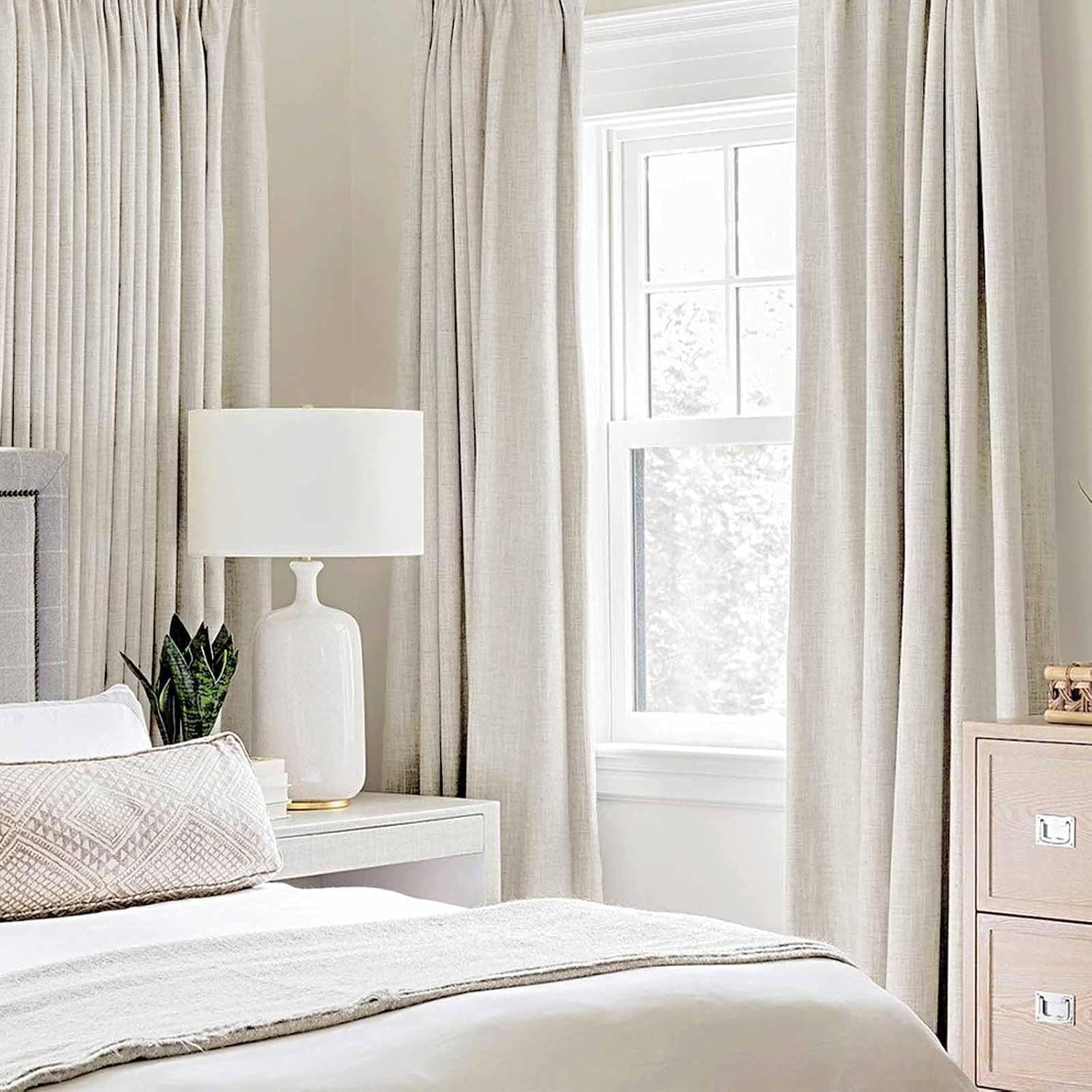 Miulee Linen Texture Curtains for Bedroom Solid 100% Blackout Thermal Insulated Linen Beige Curtains Grommet Room Darkening Drapes for Livi…