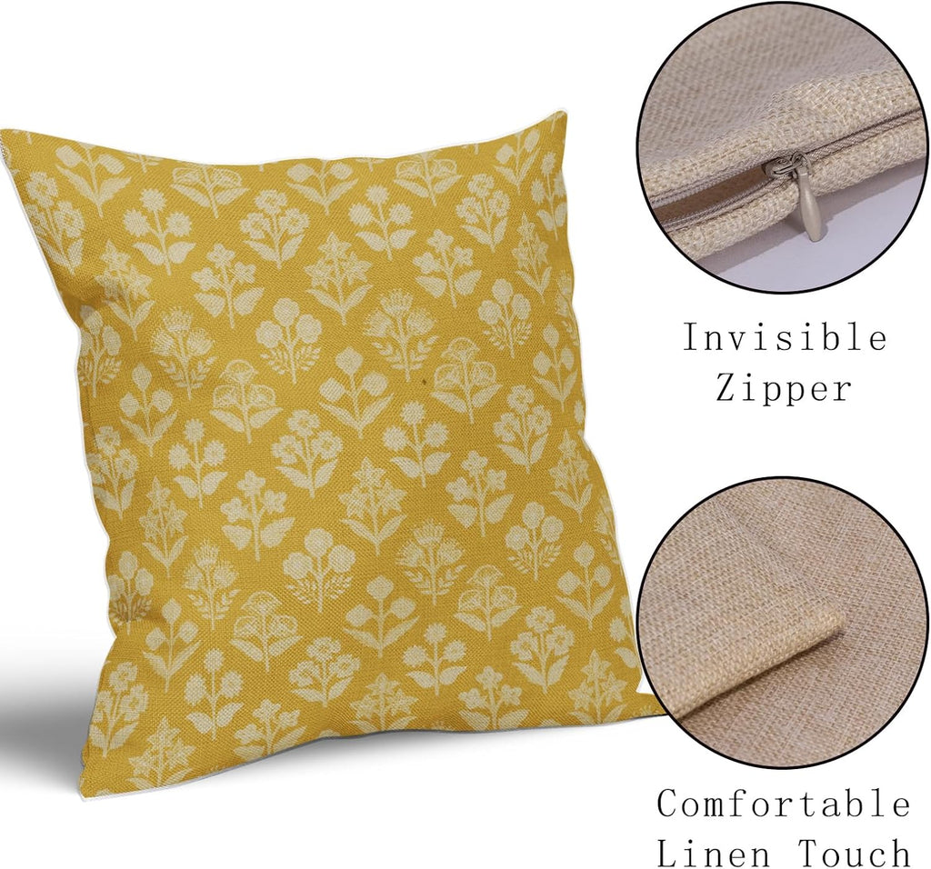 Yellow Floral Block Print Pillow Covers 16x16 Inch Set of 2, Vintage Flower Pattern Decorative Throw Pillowcases Outdoor Farmhouse…
