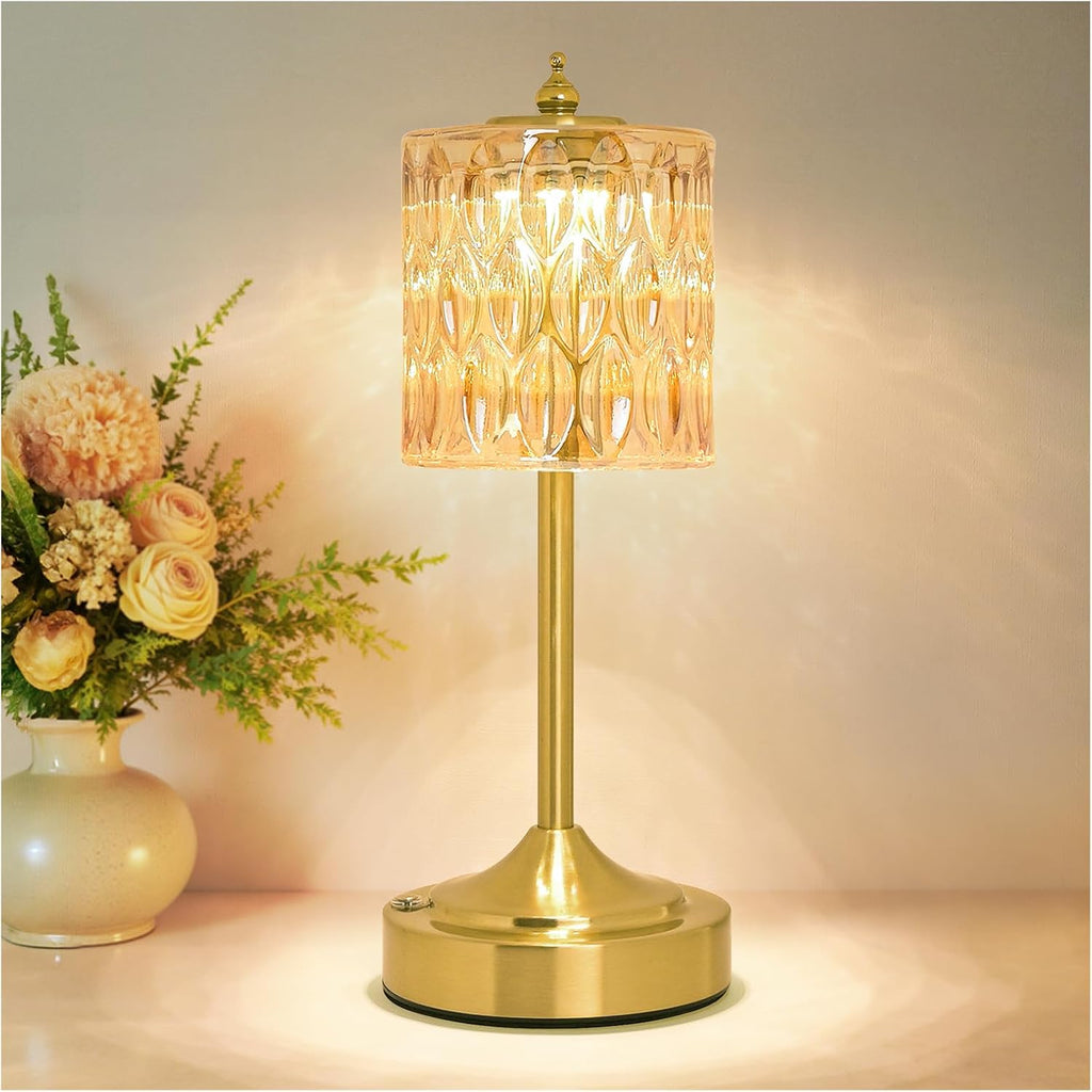 Cordless Crystal Table Lamp, 5200mAh Rechargeable Battery, 3 Color Dimmable Touch Control, Portable Vintage Gold Desk Lamp for Bedroom…