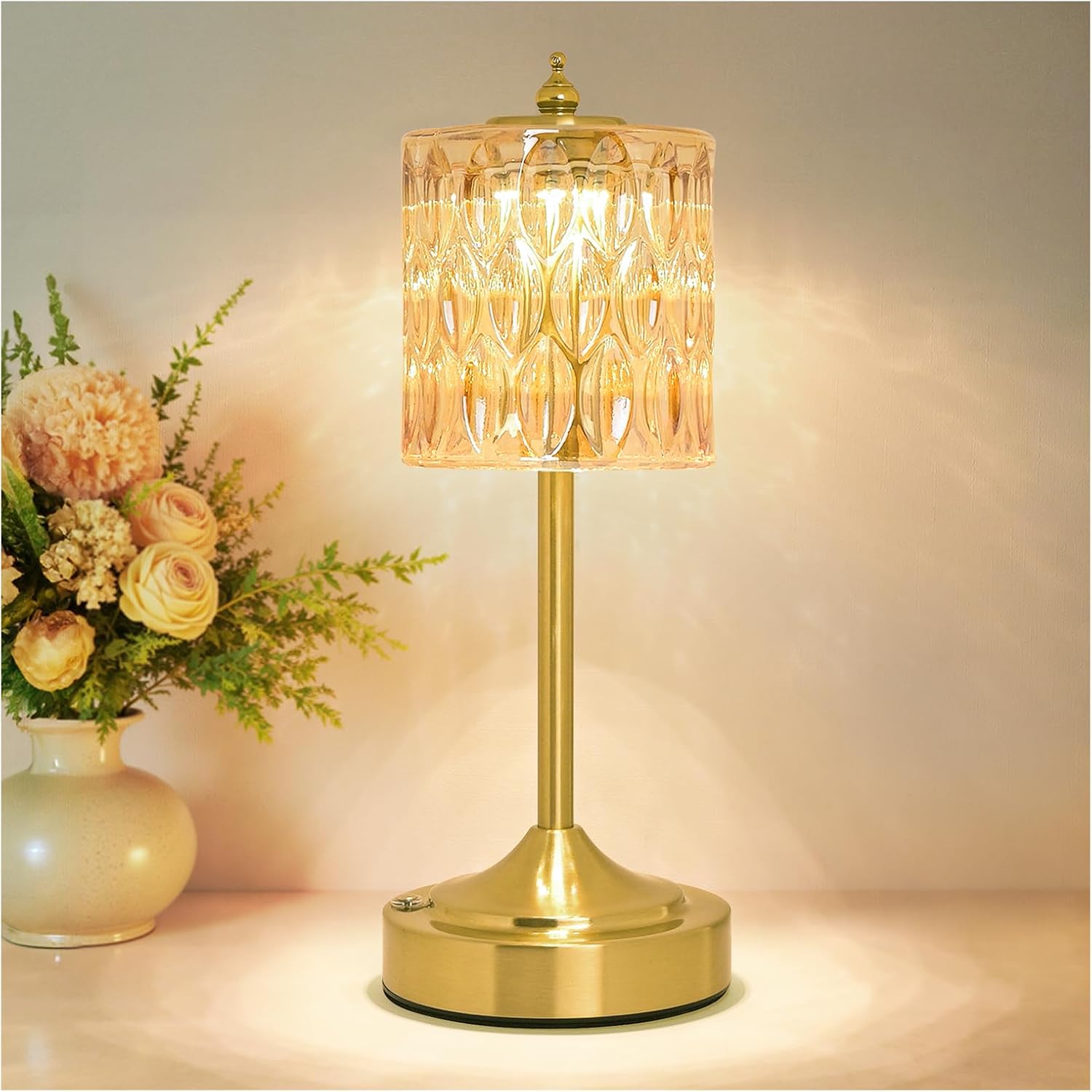 Cordless Crystal Table Lamp, 5200mAh Rechargeable Battery, 3 Color Dimmable Touch Control, Portable Vintage Gold Desk Lamp for Bedroom…