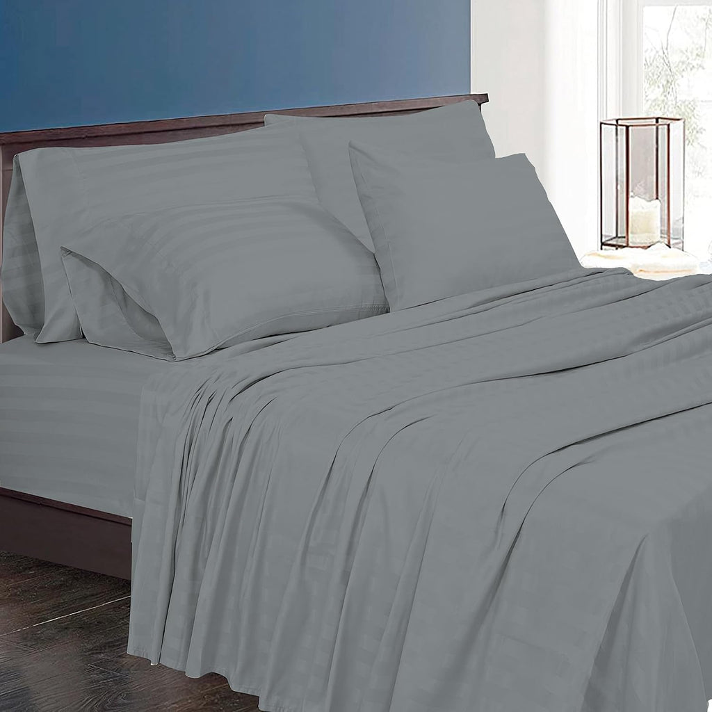 Royalelinens ROYALE LINENS 1500 Thread Count Sateen Dobby Stripe Poly/Cotton Sheet Set - 6 Piece King Bed Sheets - 1 Fitted, 1 Flat, 4 Pill…