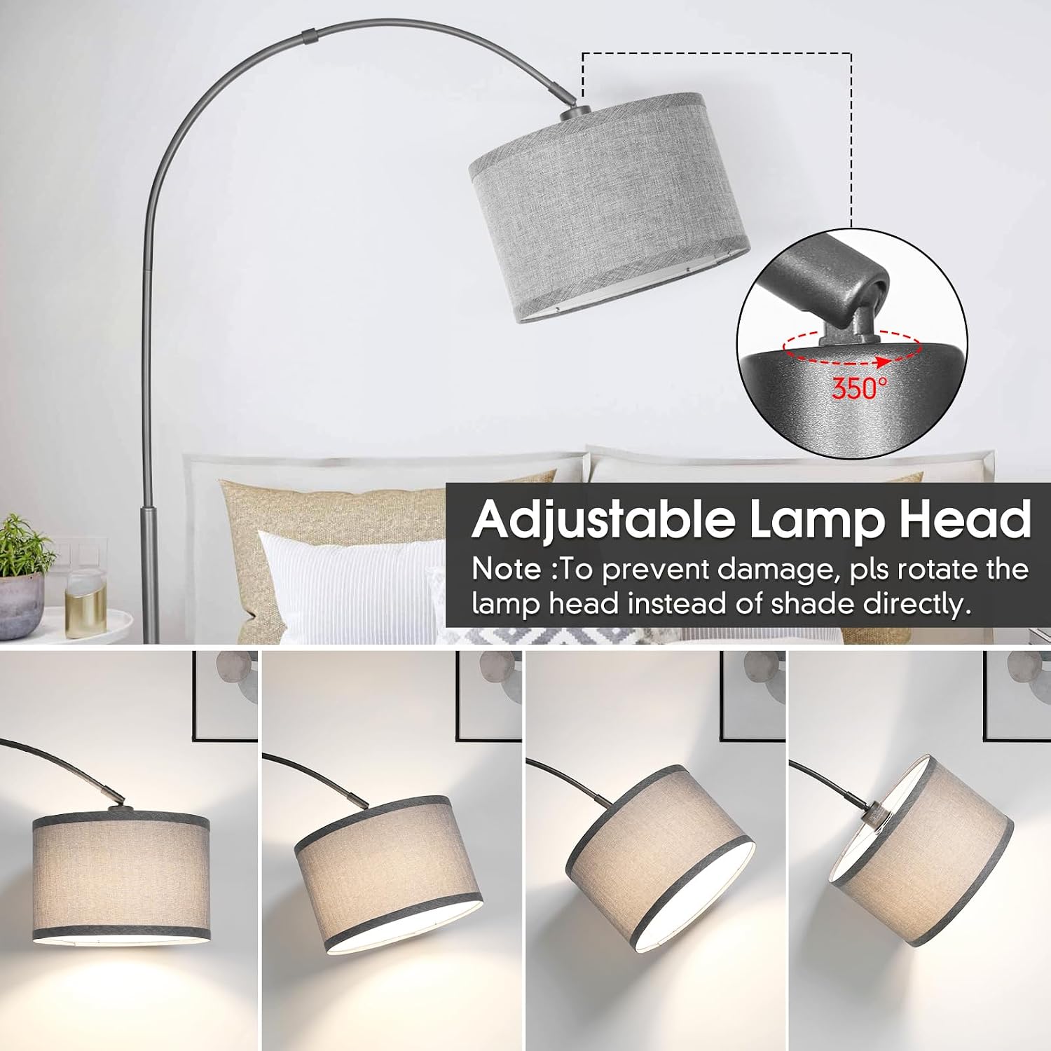 Arc Floor Lamp with Dimmer, Dimmable Floor Lamp for Living Room, Modern Standing Lamp with Gray Adjustable Hanging Shade, Tall Pole Lamp…