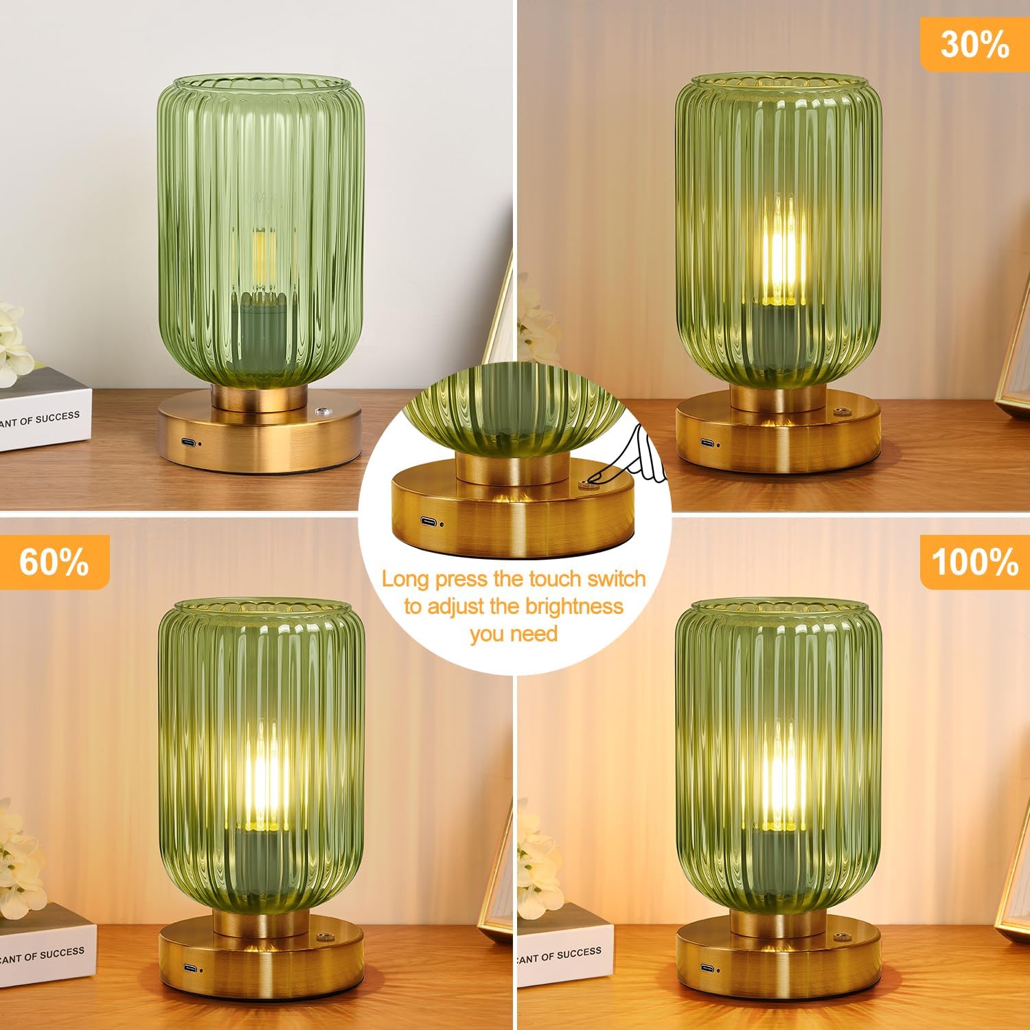 LightRound Cordless Table Lamp for Bedroom, 7500mAh Rechargeable Battery Operated Lamp, Modern Touch Dimmable Wireless Lamp Gold Base…