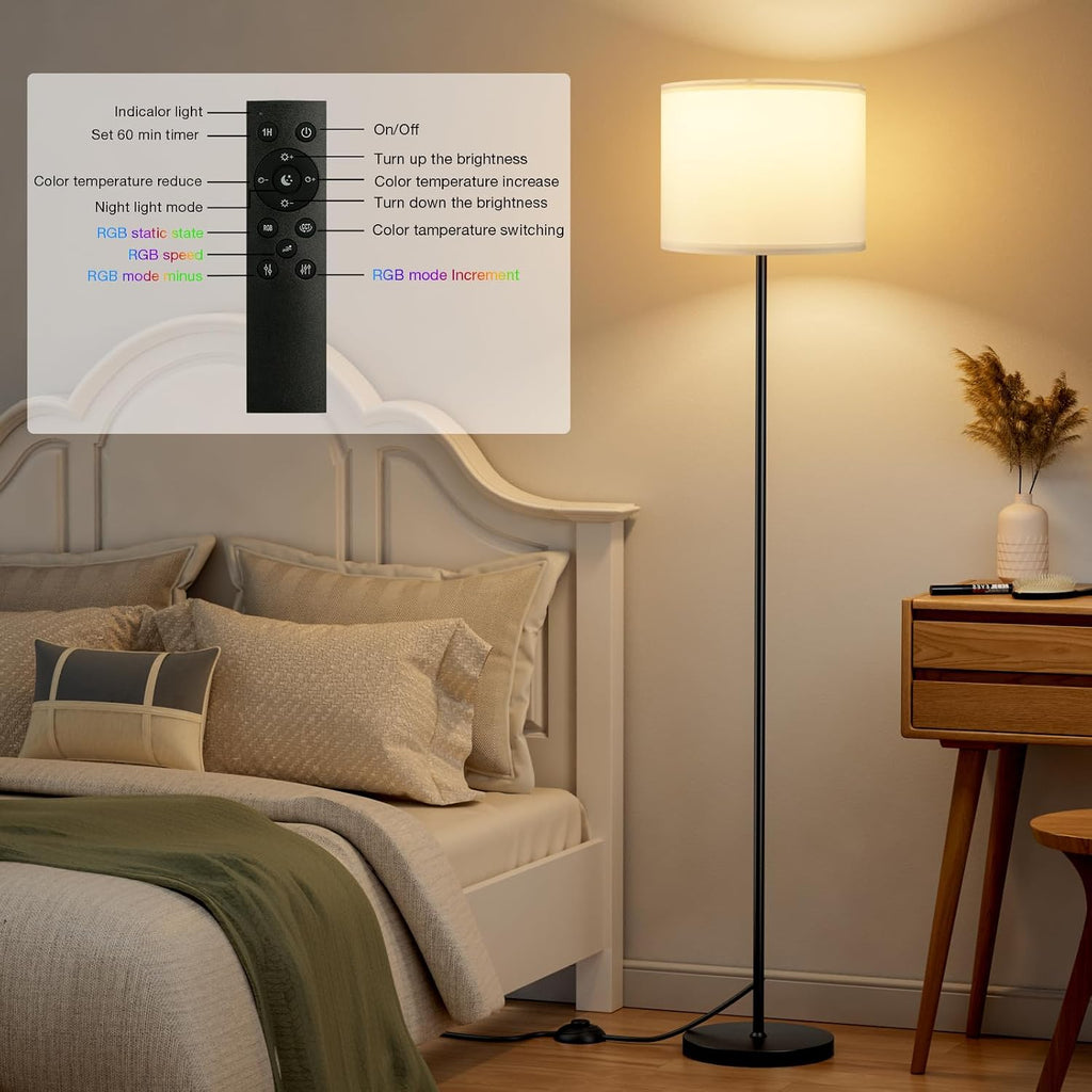 Ambimall Floor Lamp for Living Room with Smart Light Bulb, RGB + Stepless Dimmable Colors Temperature & Brightness(White Shade & Black Pole…