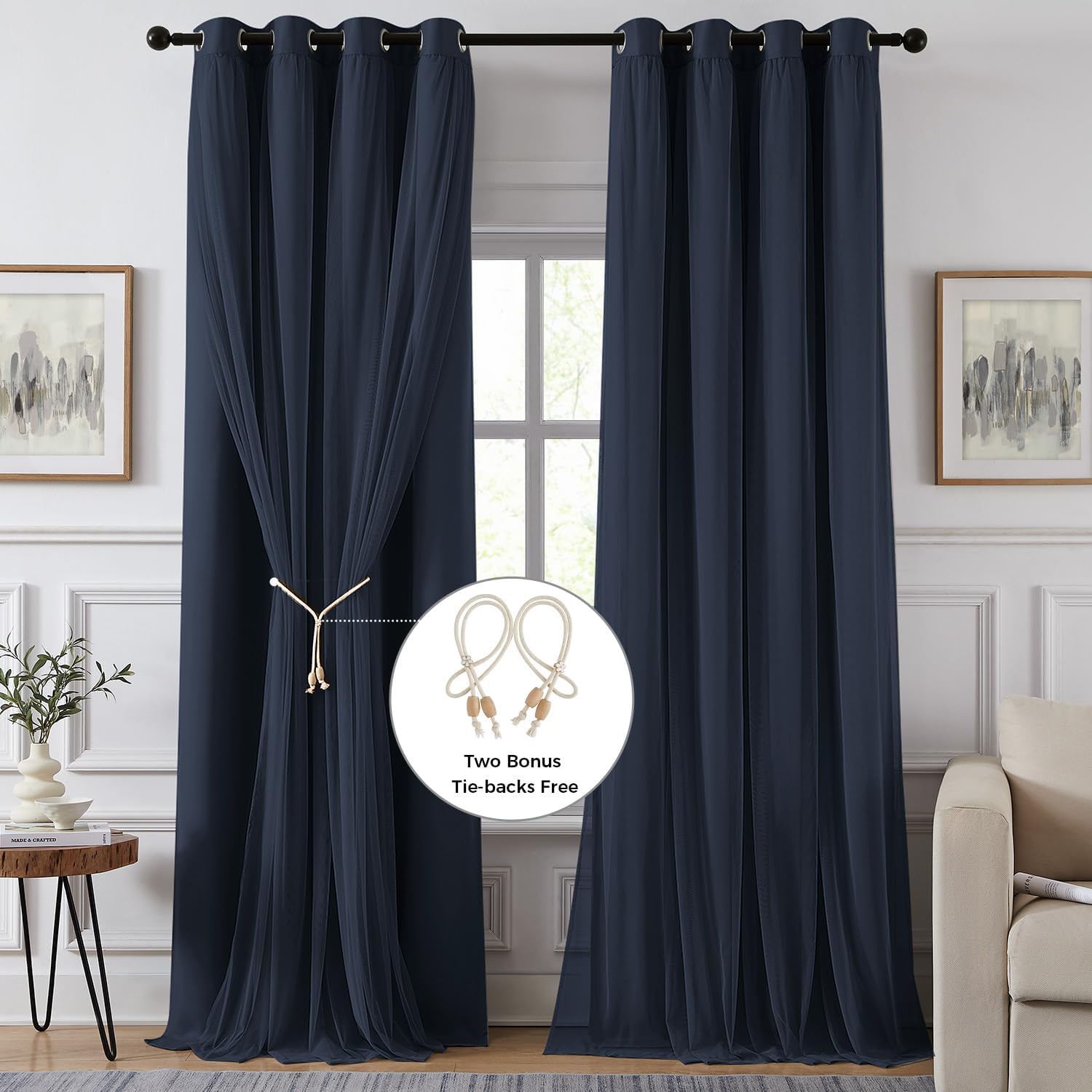 Swandream 100% Blackout Curtains for Bedroom, Double Layer Navy Blue Curtains, Black Out Curtain 84 inch long With Sheer Overlay for Living…