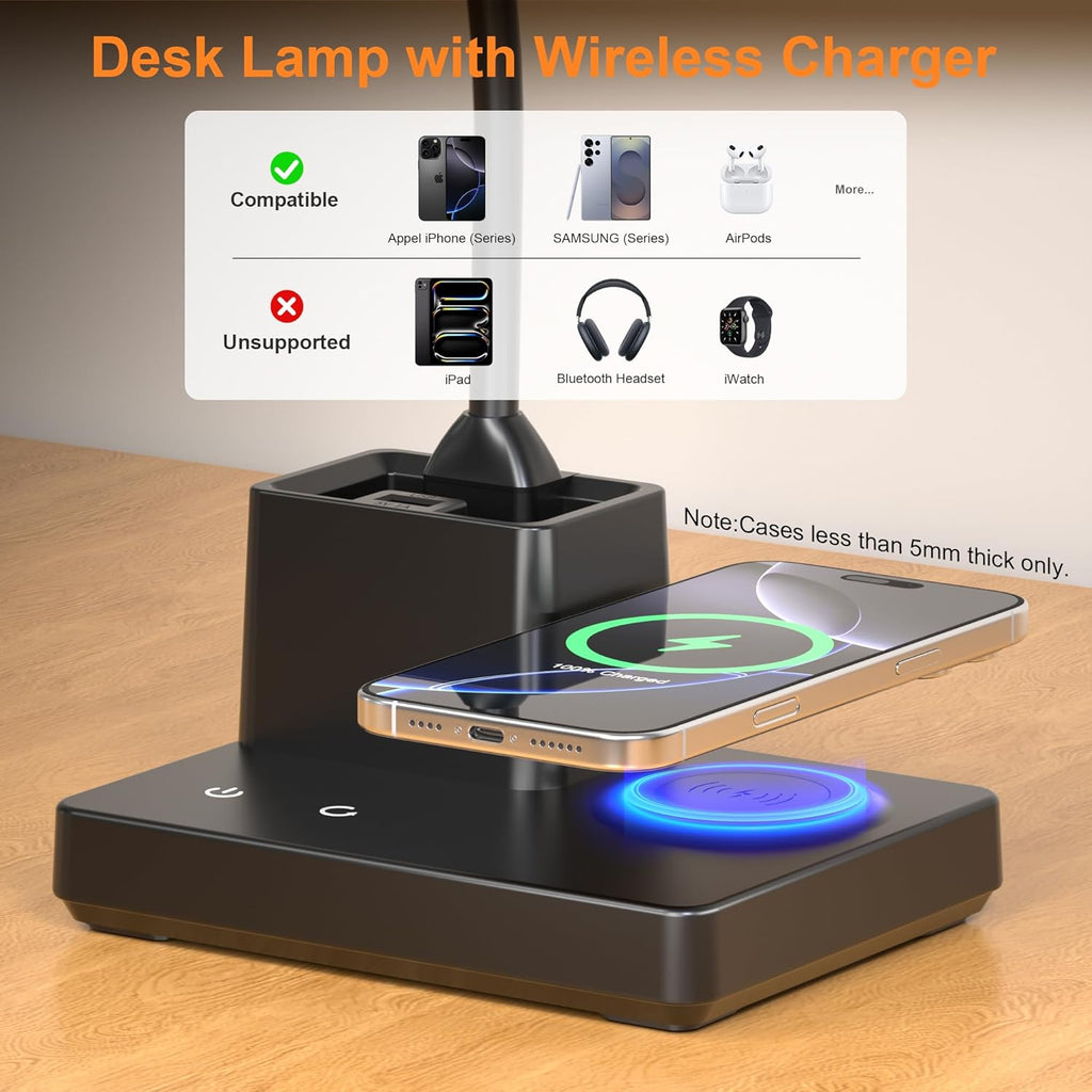 Desk Lamp, Table Lamp with Wireless Charger & USB Port, 800LM CRI95 3 Color Modes Dimmable Touch Flexible Arm Pen Holder, LED Desk Lamps…