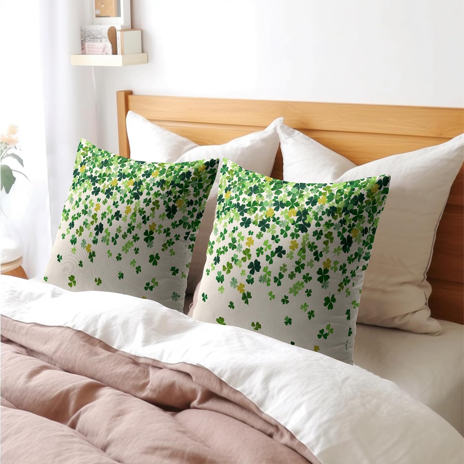 Granbey St. Patrick's Day Pillowcase 16x16 Inch 2 Pack Shamrocks Lucky Clover Throw Pillow Covers Saint Patrick Day Spring Cotton-Linen Squ…