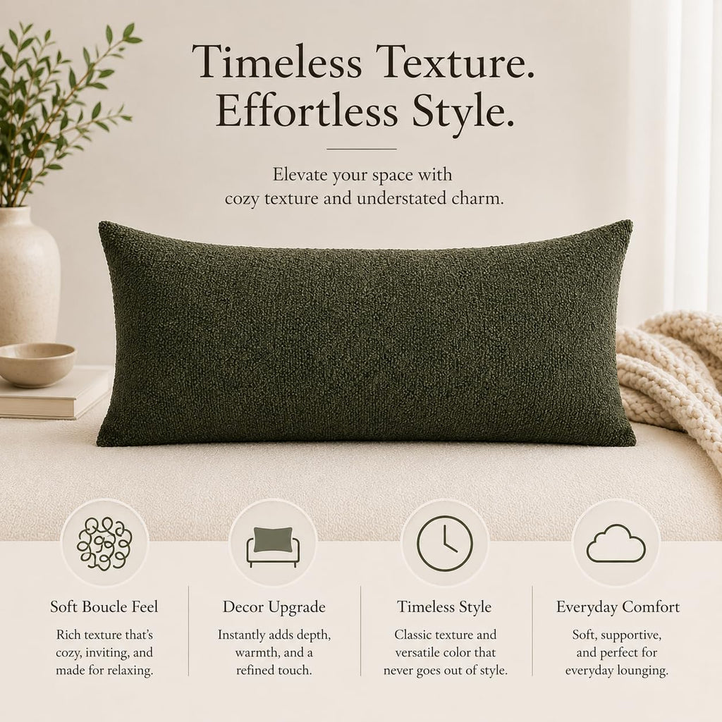 JoraLion 12x24 inch Boucle Lumbar Pillow Cover, Army Green Woven Texture Neutral Long Pillow Cover Breathable Cushion Case for Couch Sofa…