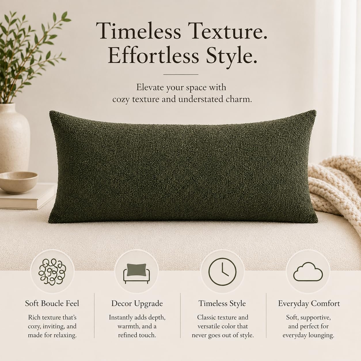 JoraLion 12x24 inch Boucle Lumbar Pillow Cover, Army Green Woven Texture Neutral Long Pillow Cover Breathable Cushion Case for Couch Sofa…