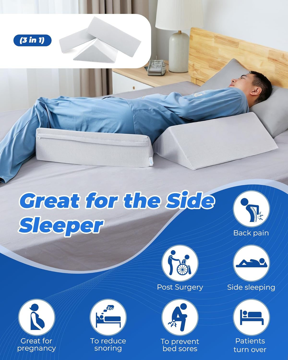 Fanwer Positioning Wedge Pillow for Side Sleeping (3 in 1), 40 Degree Triangle Bed Wedges & Body Positioners for Back Pain, Preventing Beds…