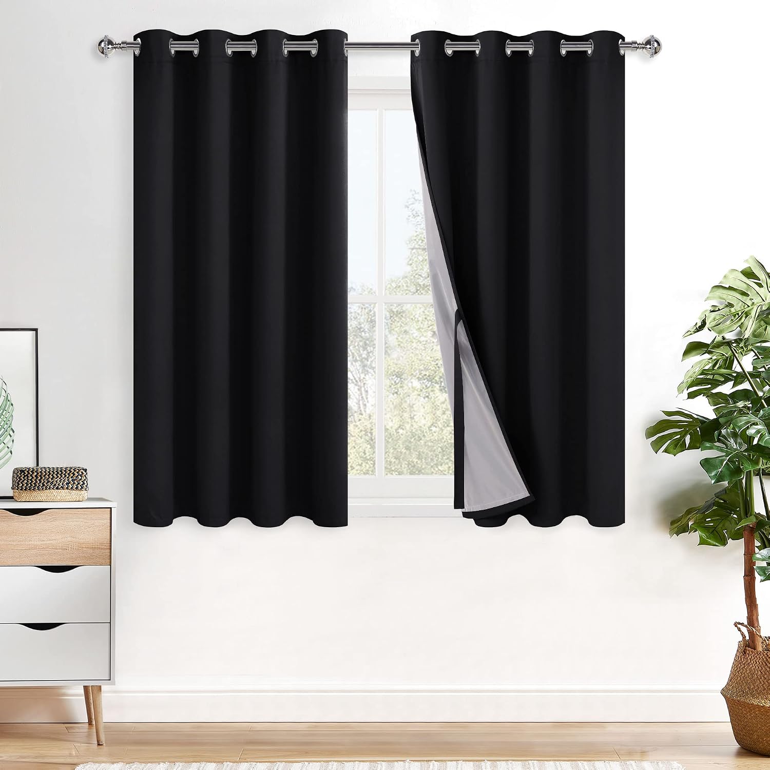 Xwzo 100% Blackout Curtains 45 Inches Length with Tiebacks- Full Shade Window Drapes Thermal Insulated Double Layer with Black Liner for Be…
