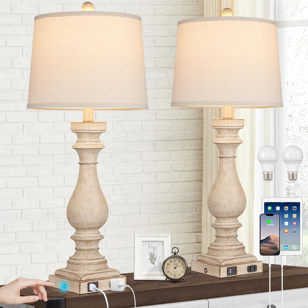 Cinkeda 29" Tall Table Lamp for Living Room Set of 2, Farmhouse Nightstand Bedside Lamps with USB C+A Ports & AC Outlet,3-Way Dimmable…