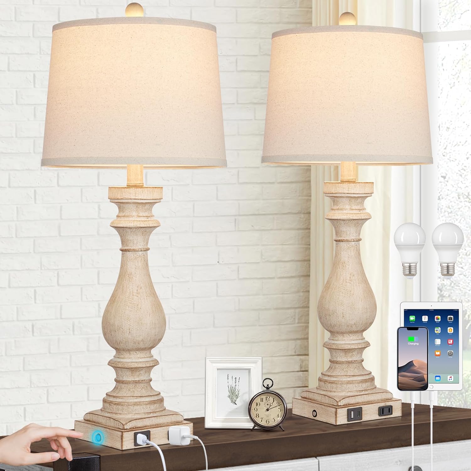 Cinkeda 29" Tall Table Lamp for Living Room Set of 2, Farmhouse Nightstand Bedside Lamps with USB C+A Ports & AC Outlet,3-Way Dimmable…