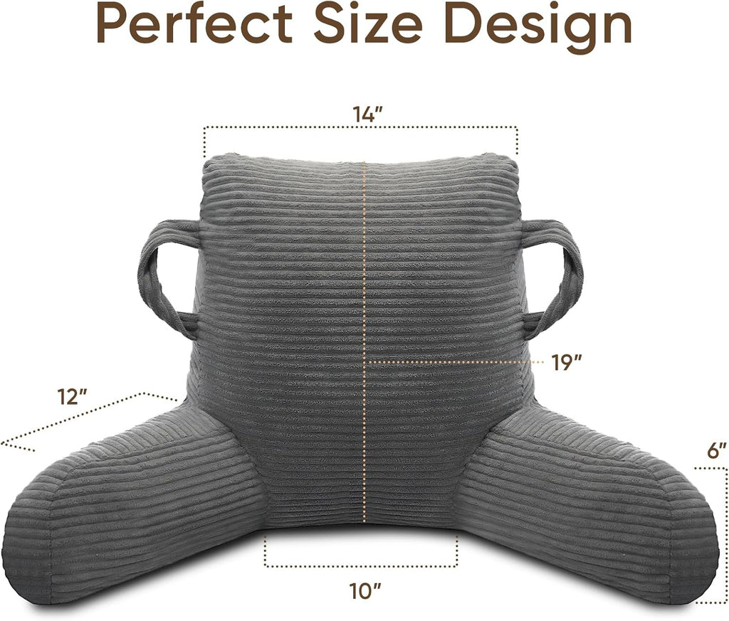 Reading Pillow for Sitting in Bed Adult, Bed Reading Pillow with Shredded Memory Foam, Back Pillow for Sitting with Arms and Pockets, Gery