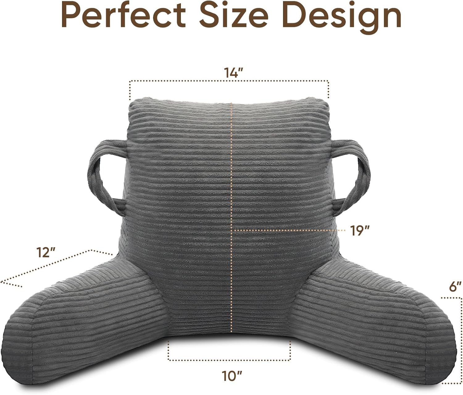 Reading Pillow for Sitting in Bed Adult, Bed Reading Pillow with Shredded Memory Foam, Back Pillow for Sitting with Arms and Pockets, Gery