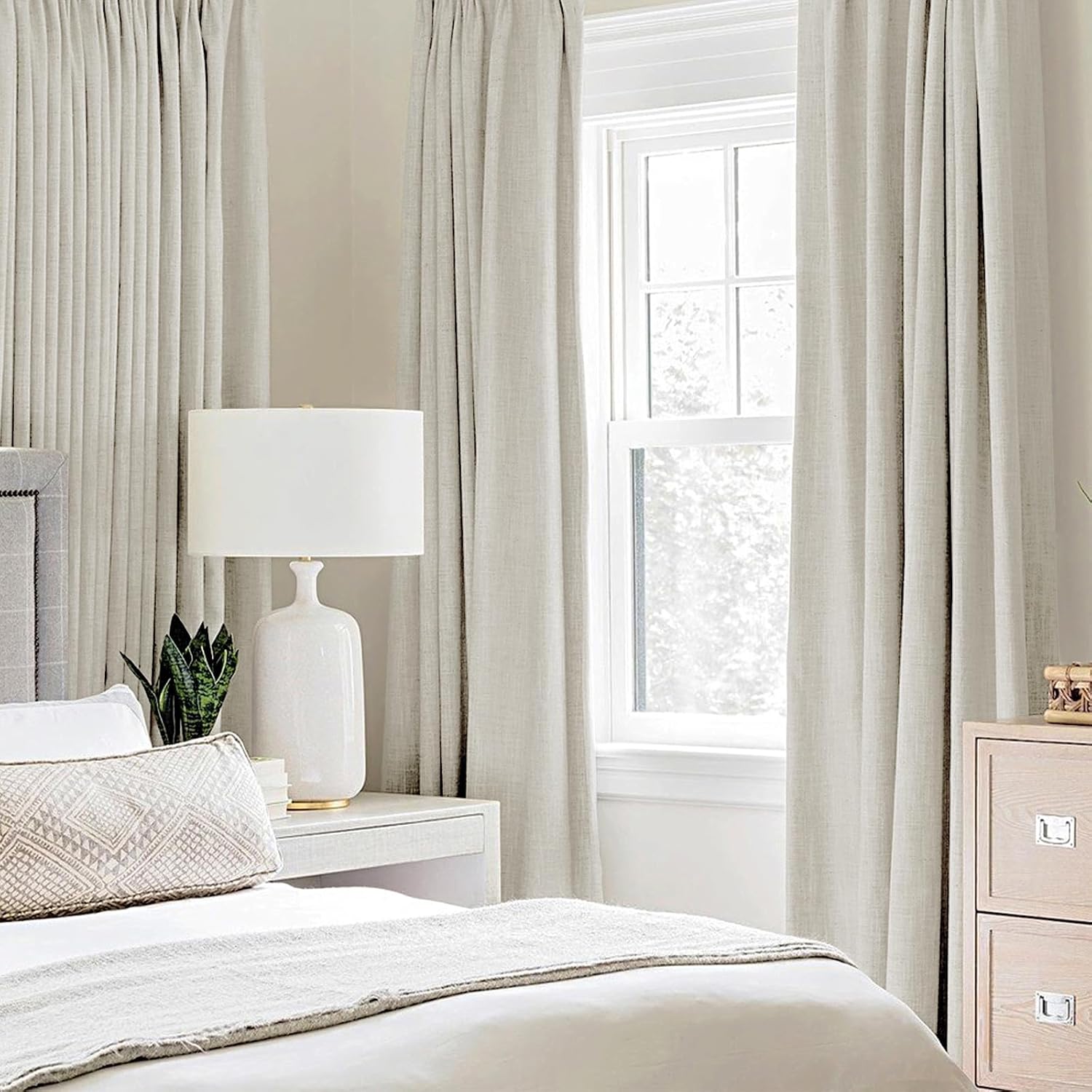 Miulee Linen Texture Curtains for Bedroom Light Cream 100% Blackout Thermal Insulated Linen Curtains Grommet Room Darkening Drapes for Livi…