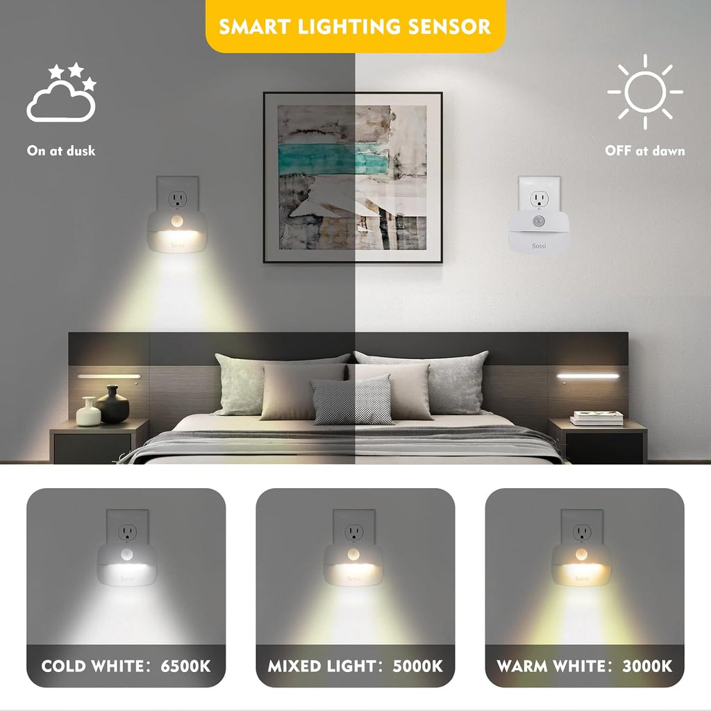 Sossi Motion Sensor Night Light Plug in 4 Pack,10-60Lm Stepless Dimming,3 Light Modes with Memory, Smart Night Lights Plug Into Wall…
