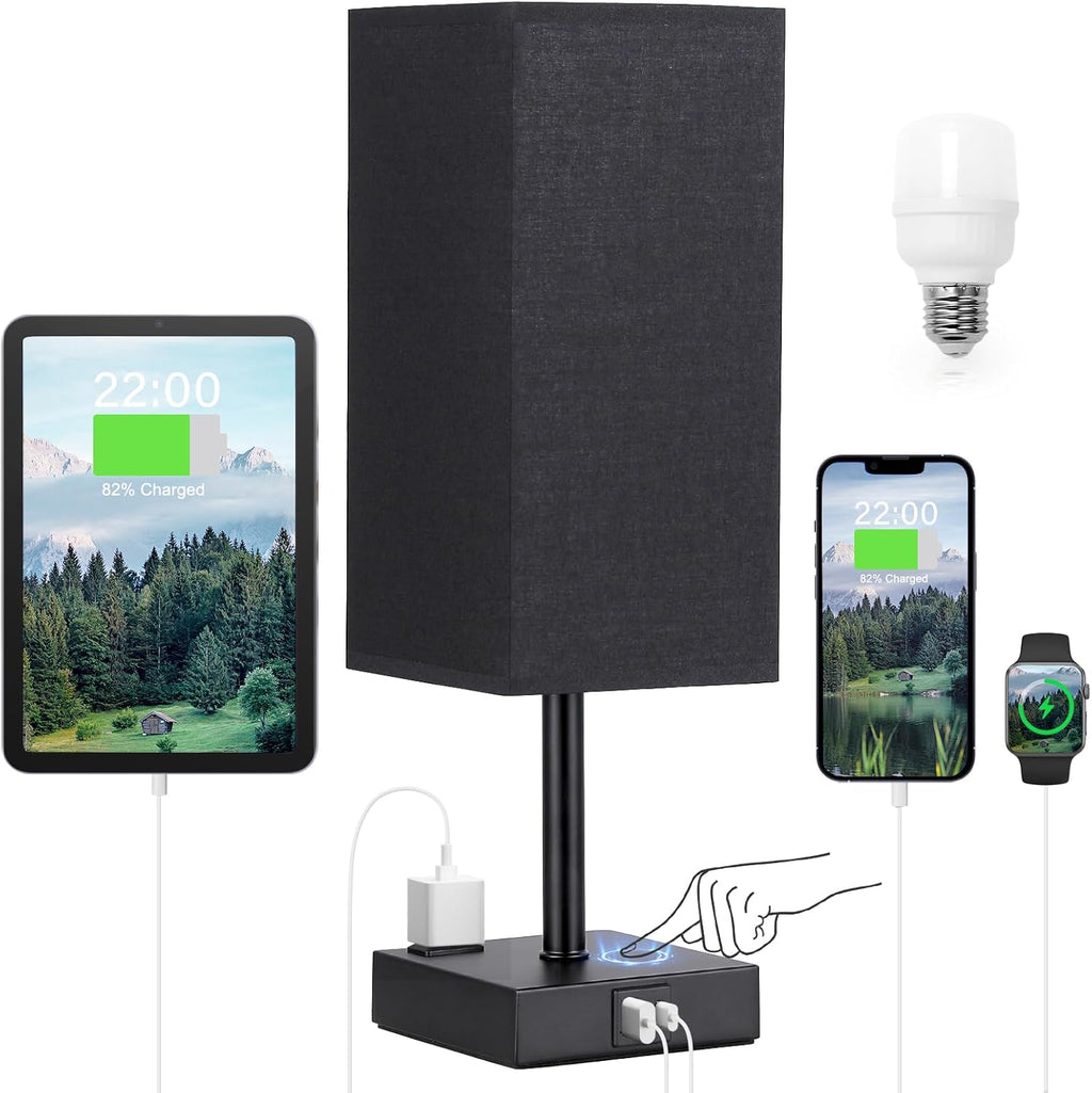 aooshine Black Lamp for Bedroom-Touch Lamp with USB-C+A and AC Outlets,3 Way Bedside Nightstand Square Table Lamp for Kids, Guest Room…
