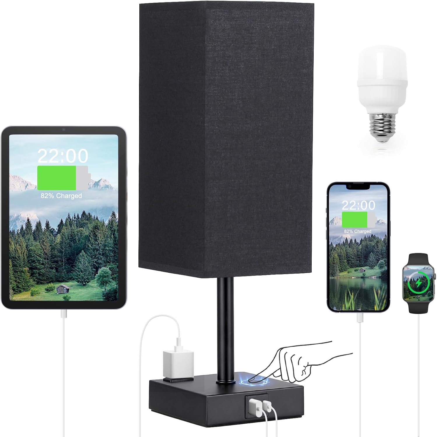aooshine Black Lamp for Bedroom-Touch Lamp with USB-C+A and AC Outlets,3 Way Bedside Nightstand Square Table Lamp for Kids, Guest Room…