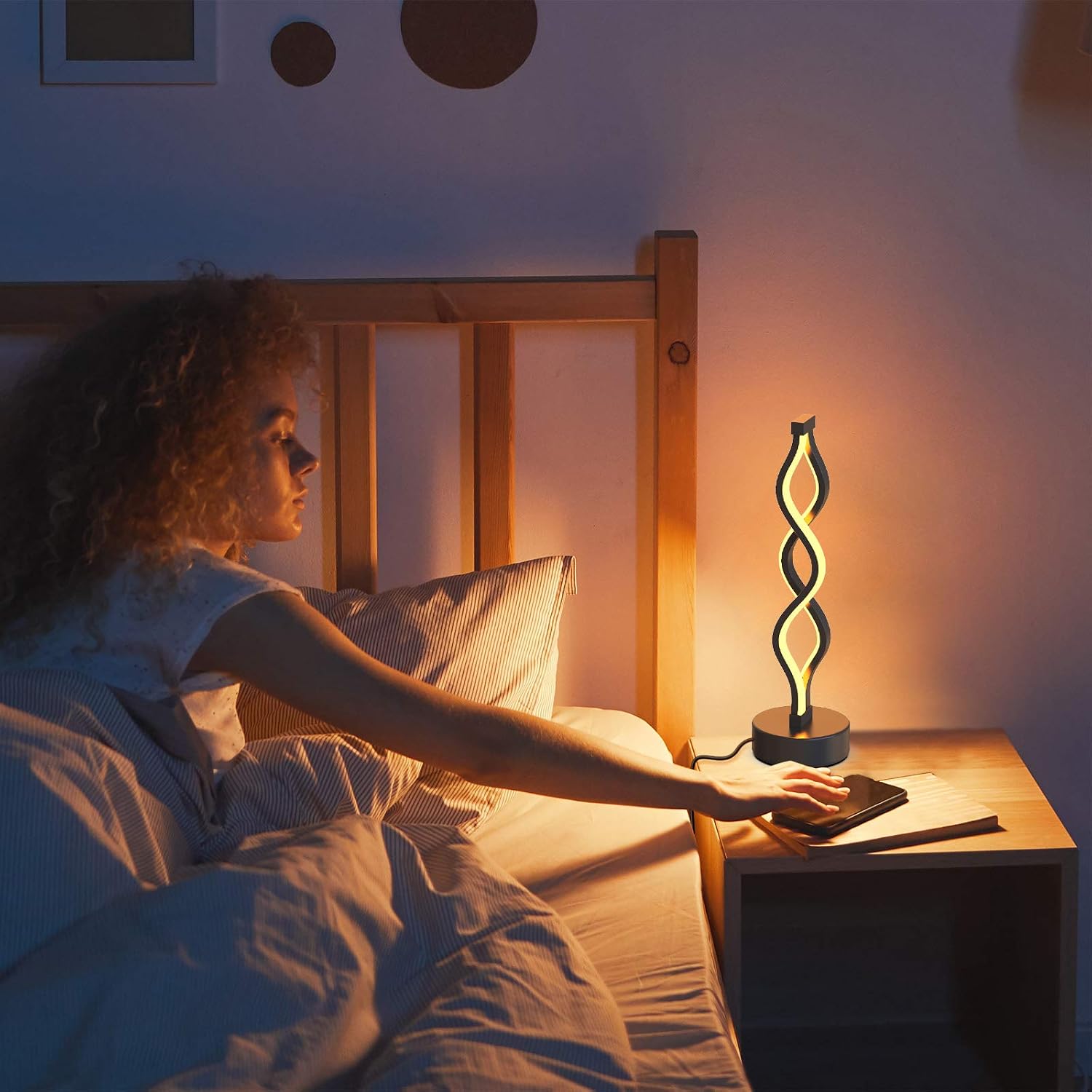 NUÜR Infinity Spiral LED Table Lamp Black, Dimmable Metallic Bedside Lamp with Touch Controller, 3 Colour Temperature, 15.8 Inch Height…