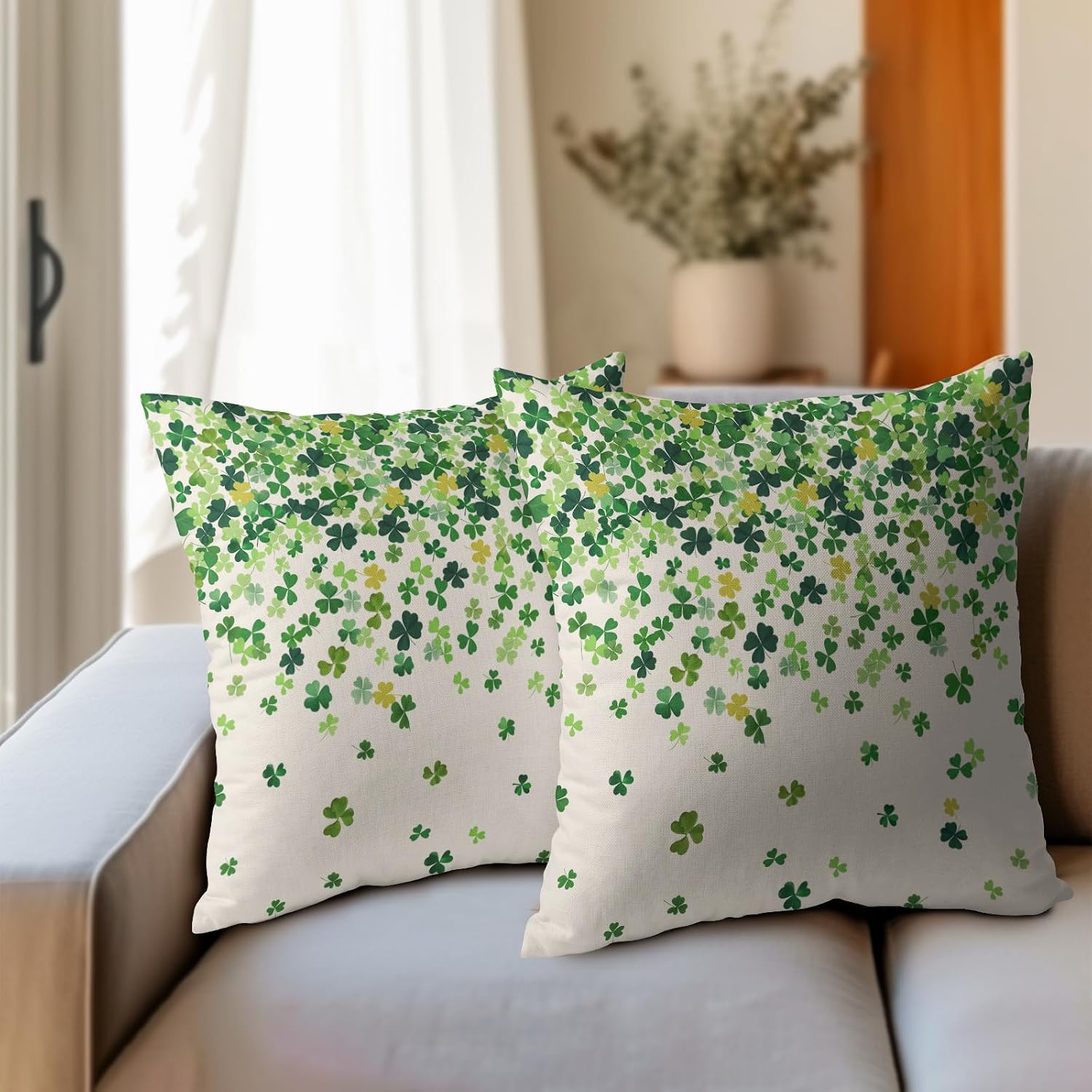 Granbey St. Patrick's Day Pillowcase 16x16 Inch 2 Pack Shamrocks Lucky Clover Throw Pillow Covers Saint Patrick Day Spring Cotton-Linen Squ…