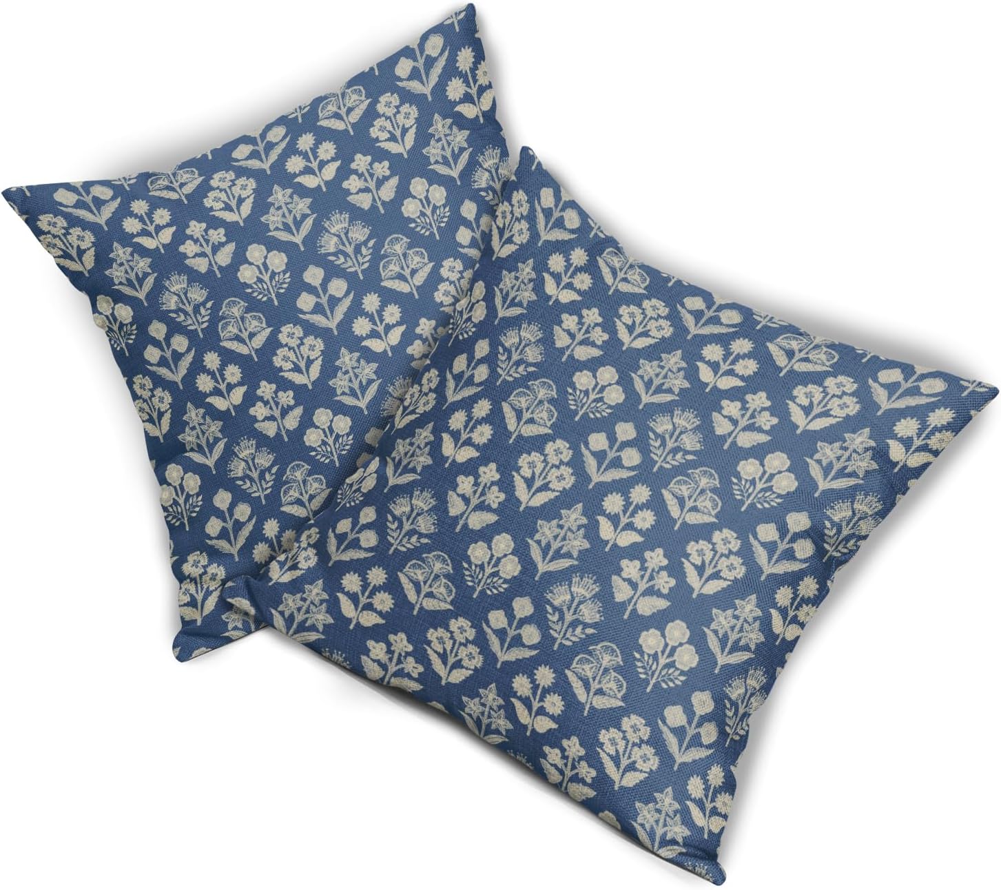 Blue Floral Pillow Covers 22x22 Inch Set of 2, Vintage Flower Block Print Pattern Decorative Throw Pillowcases Outdoor Farmhouse Cushion…