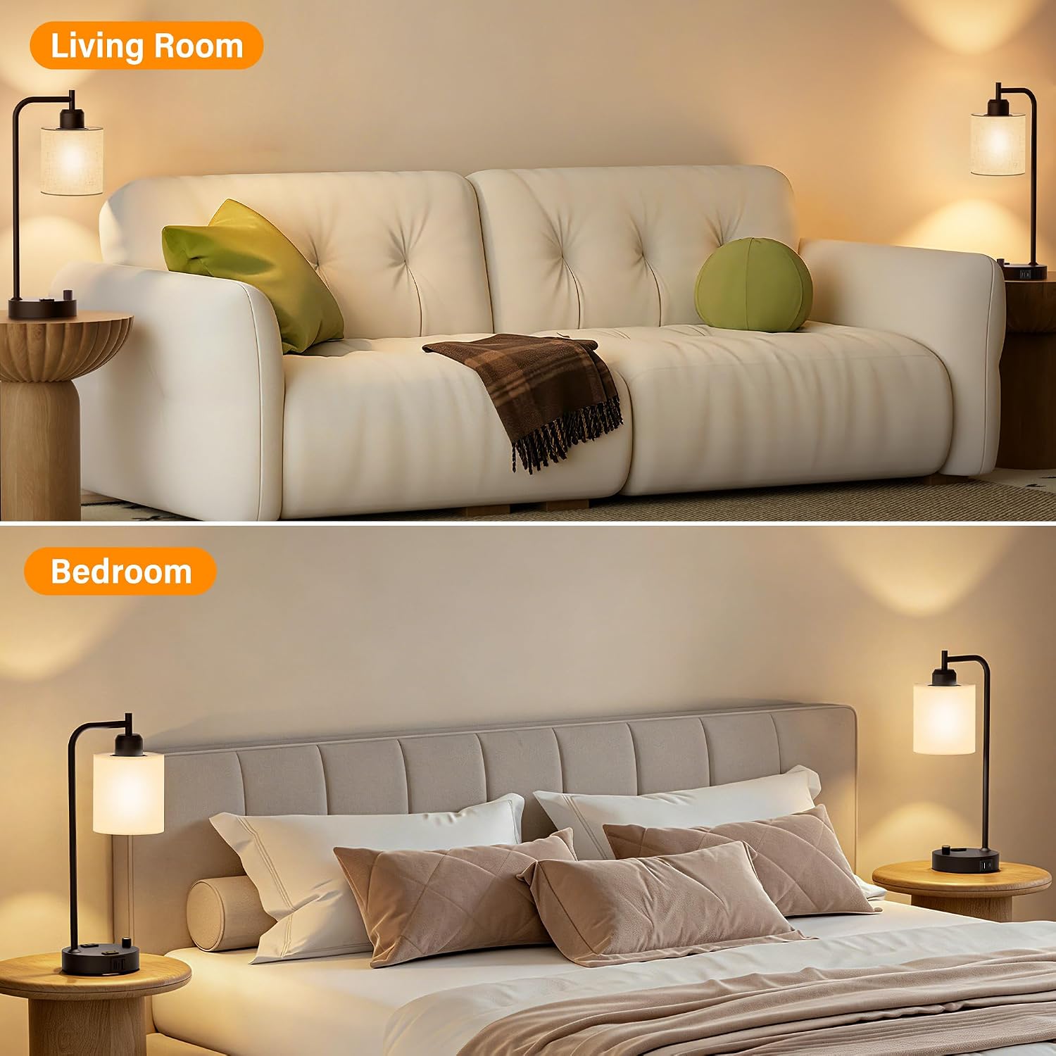 SIBRILLE Industrial Table Lamps with Linen Shade, Set of 2 Fully Dimmable Bedside Lamps with USB A+C Ports and Outlet, Brown Nightstand…