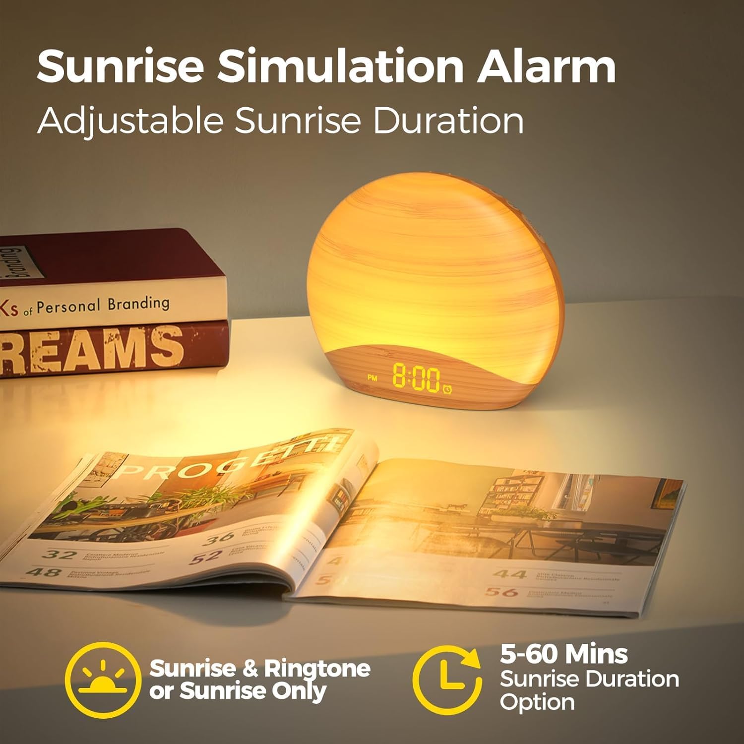 REACHER Natural Wood Grain Sound Machine Sunrise Alarm Clock,26 Nature Inspired Sleeping Sounds, 0-100% Dimmable Clock, Night…