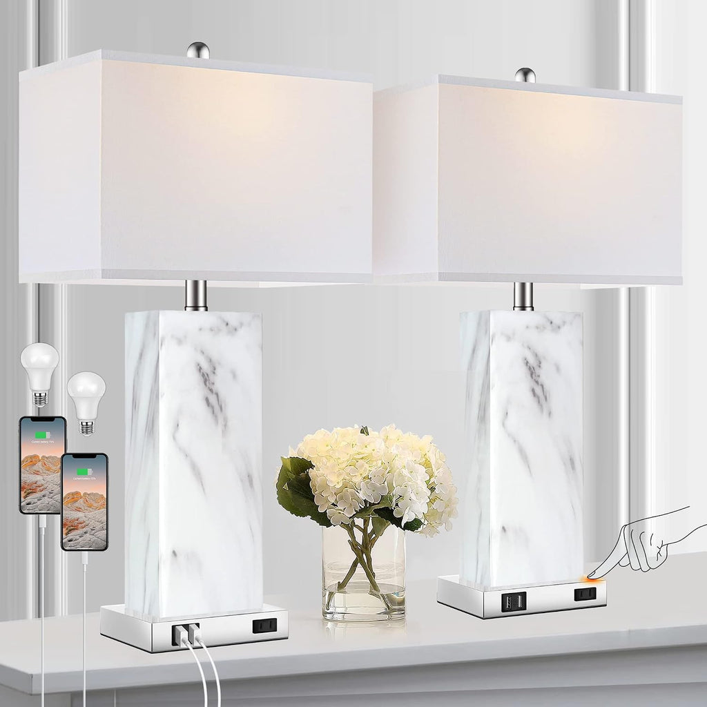 Touch Control Table Lamps Set of 2, Modern Ceramic Bedside Lamp with 2 USB Ports 1 AC Outlet, 3-Way Dimmable White Nightstand Lamp with…
