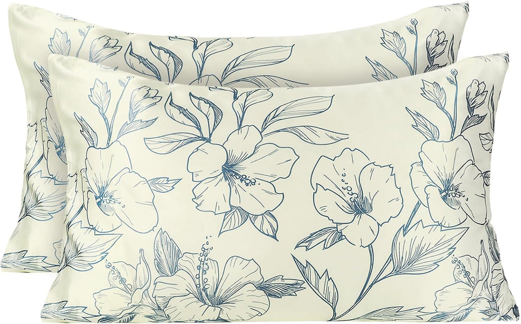 MANSPHIL Mulberry Silk Pillow Cases 2 Pack Queen Blue Floral - Reversible Cooling Satin Pillowcase for Hair and Skin Envelope Closure…