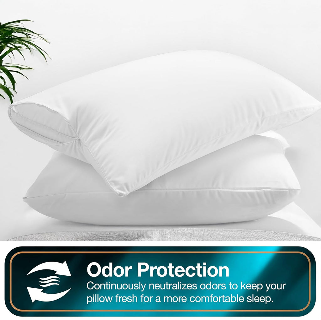 All-in-One Cool Chill Standard Size Pillow Protectors with Zipper, Set of 2 Soft Cooling Pillow Cases for Hot Sleepers, 20" x 28", White